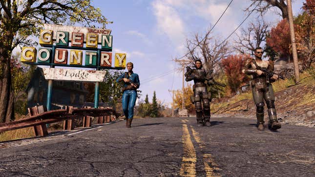 Three people wielding weapons walk along a road with a dilapidated old motel sign off to one side.