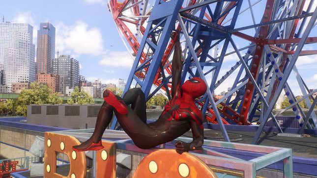 A Spider-Man 2 screenshot shows Peter Parker wearing his Superior suit.