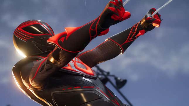 A Marvel's Spider-Man 2 screenshot shows Miles Morales wearing his Tokusatsu suit.