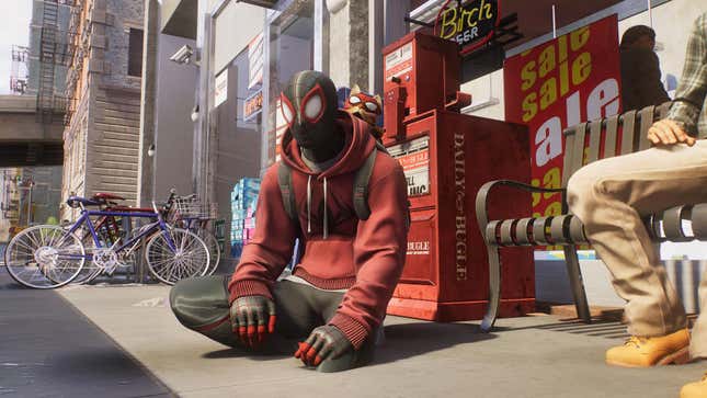 A Marvel's Spider-Man 2 screenshot shows Miles Morales wearing his Bodega Cat suit.