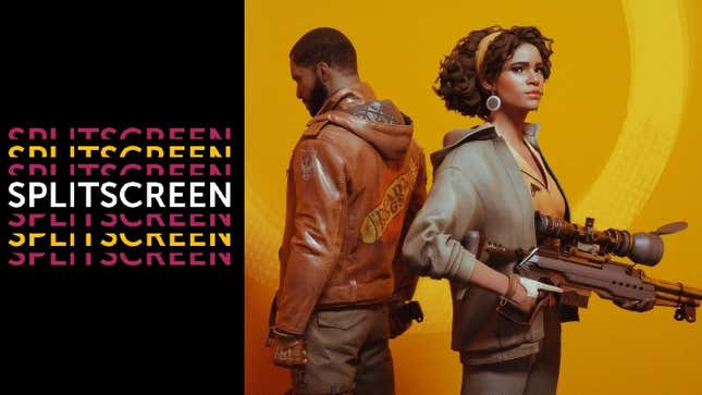 The Splitscreen podcast logo next to Deathloop's protagonists Colt and Julianna.