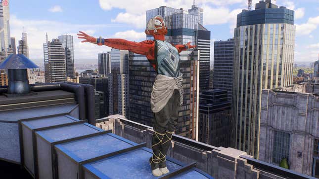 A Spider-Man 2 screenshot shows Peter Parker wearing his Kumo suit.