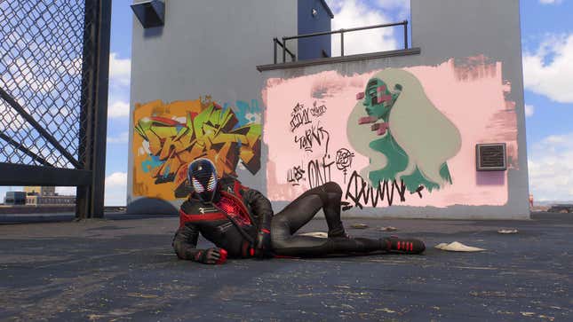 A Marvel's Spider-Man 2 screenshot shows Miles Morales wearing his Miles Morales 2020 suit.