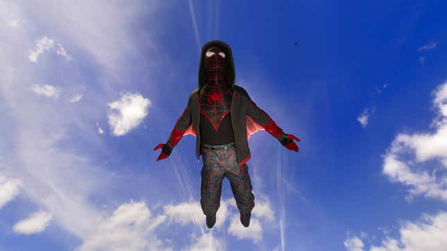 A Marvel's Spider-Man 2 screenshot shows Miles Morales wearing his The End suit.