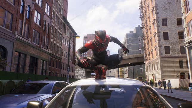 A Marvel's Spider-Man 2 screenshot shows Miles Morales wearing his Forever suit.