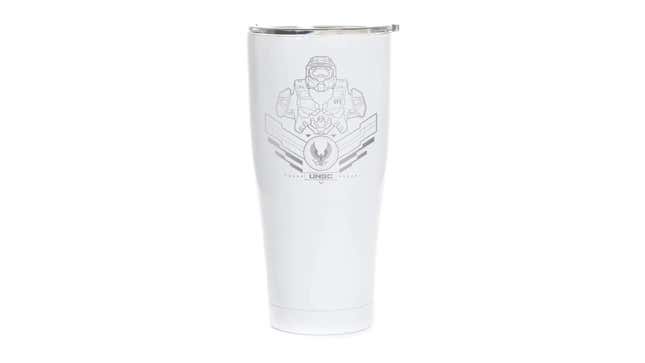 Master Chief is engraved on a metal cup.