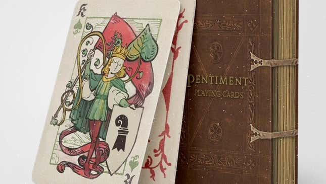 Playing cards display old-timey art from Pentiment.