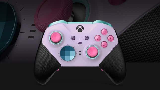 A custom Elite Series 2 controller shows off pink, blue, and purple tones.