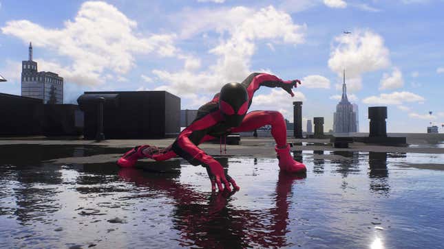 A Marvel's Spider-Man 2 screenshot shows Miles Morales wearing his 10th Anniversary suit.
