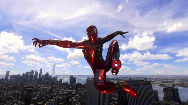 A Spider-Man 2 screenshot shows Peter Parker wearing his Iron Spider suit.