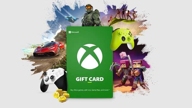 An Xbox gift card hangs over top of art of Xbox games.